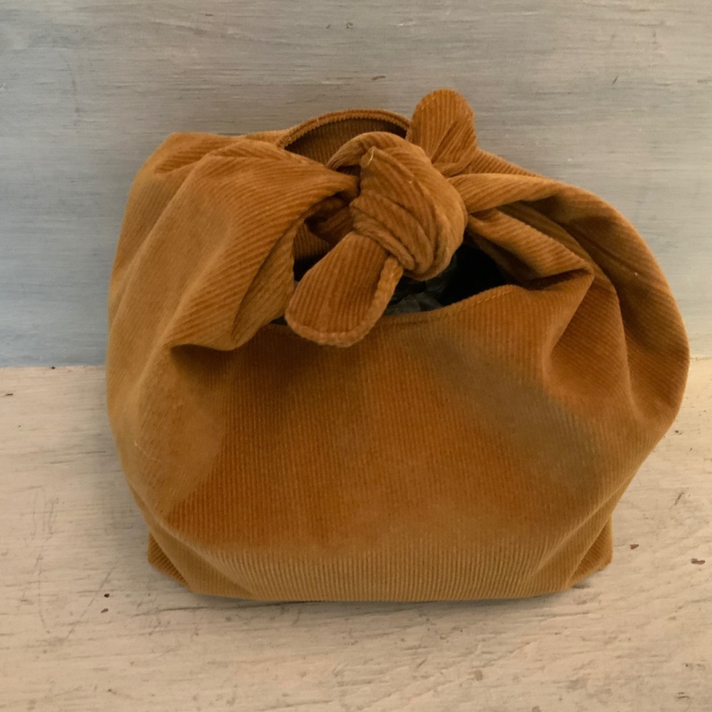 Merit Beauty "Signature Bag" Tan Corduroy Japanese Knot Style Cosmetic Bag GC